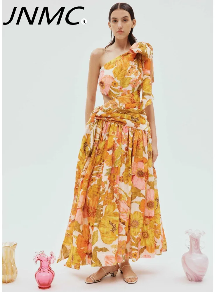 

JNMC Yellow Print Single Shoulder Asymmetrical Sleeveless Bow Lace-up Dress Waist Layering Print Long Dress Women 2024 Model