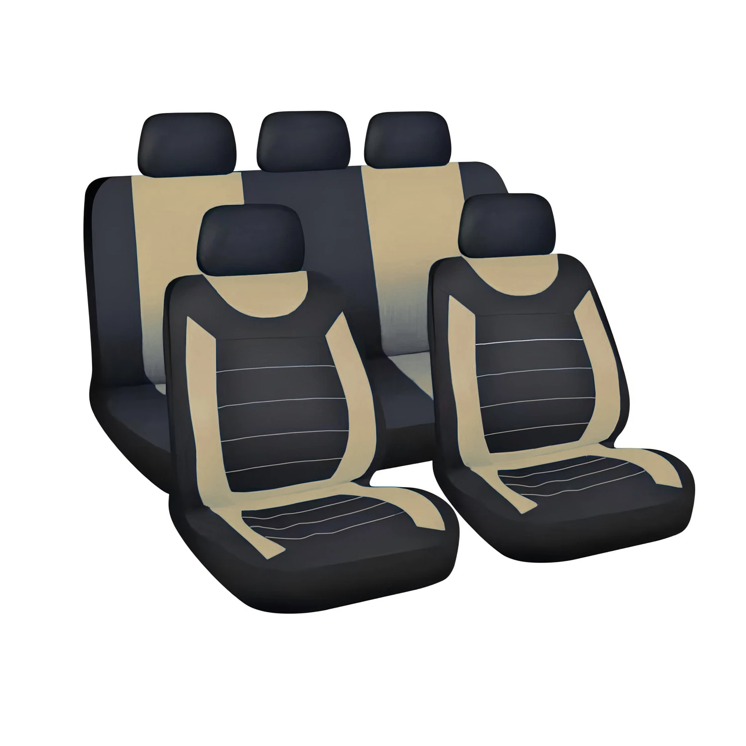 Sporty Two-Tone Fabric Car Seat Covers - Full Set for 5 Seats in Black, Red, Pink, Blue, Gray, Beige