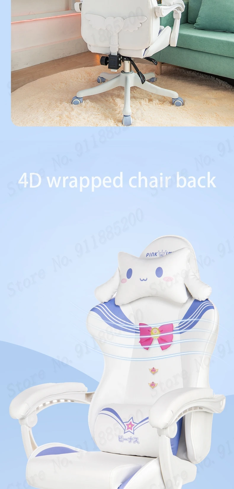 Description Picture 6 of itemCute pink lounge chair home office computer chair literary girl swivel chair 135 ° can lie anchor live game chair Japanese bow