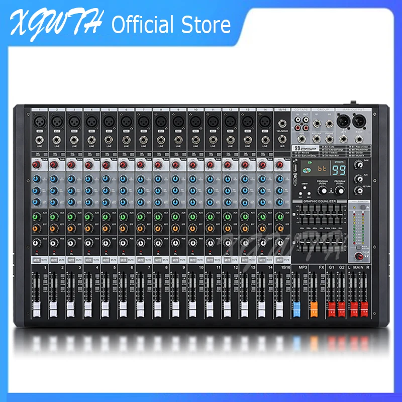 16 채널 디지털 믹서 사운드 오디오 믹싱 콘솔, 99 DSP 디지털 반향 효과, 블루투스 USB MP3 DJ 콘솔