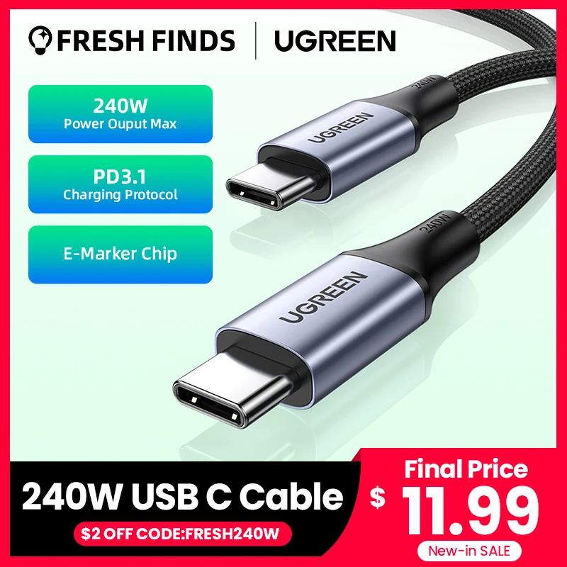  Кабель UGREEN 240W USB Type C кабель питания PD3.1 для PS5 Nintendo переключатель Galaxy S22 MacBook пылающий-кабель для быстрой зарядки 48V5A USB C 