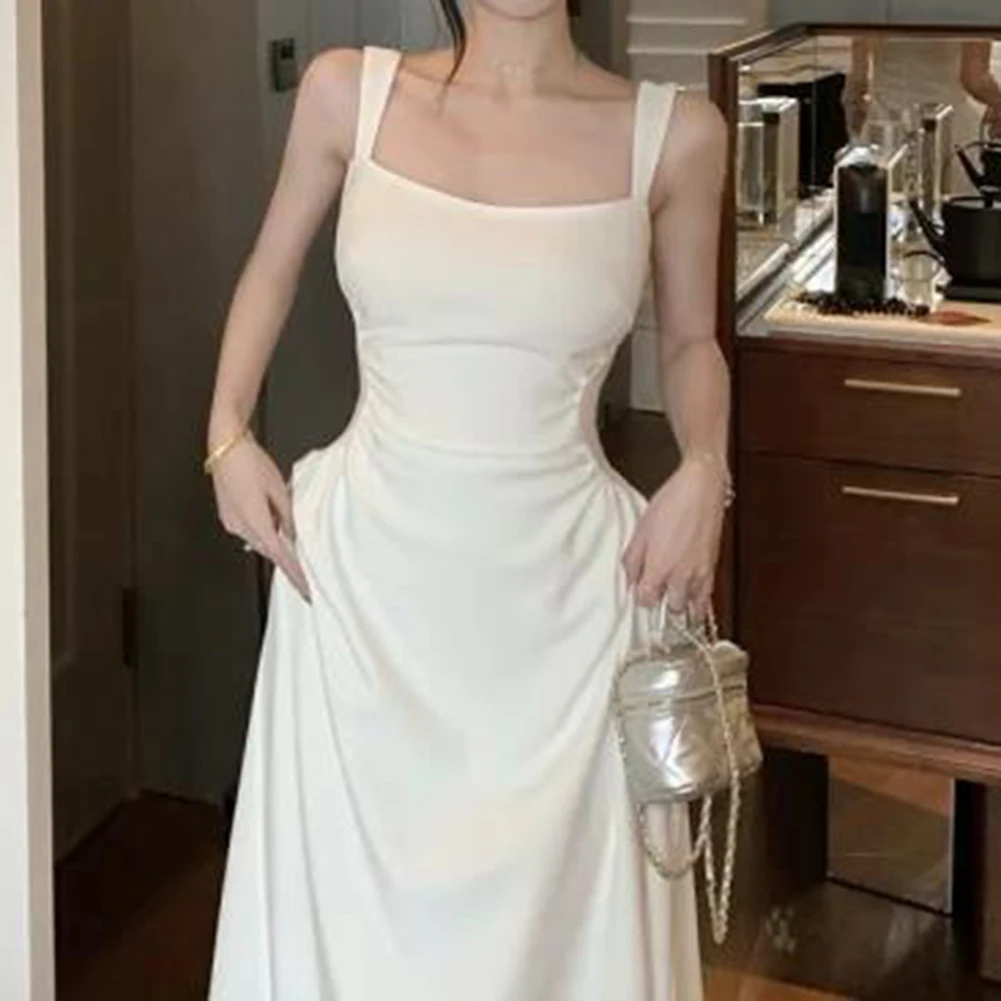 

Женское платье-миди с бантом, элегантное винтажное платье-трапеция на бретелях-спагетти с квадратным вырезом, летняя Новинка