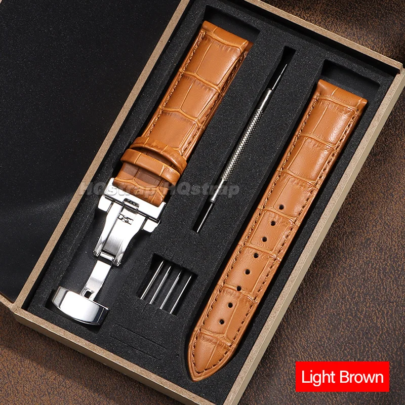 Luxury Leather Watch Strap Set with Butterfly Buckle and Installation Tools in Wooden Box