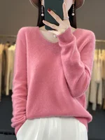 Basics 2024 Autumn Winter Women Sweater 100% Merino Wool V-Neck Knitwear Solid Office Lady Pullover Long Sleeve Cashmere Clothes - Image 4