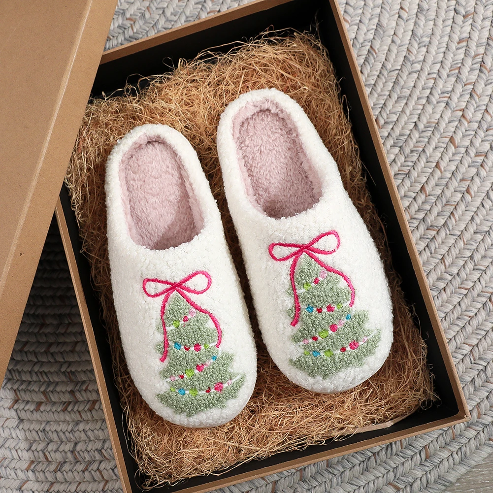 Flat Thermal Slippers Anti Slip Comfortable Furry Slippers Bow Xmas Tree Pattern Christmas Plush Slippers for Winter Autumn