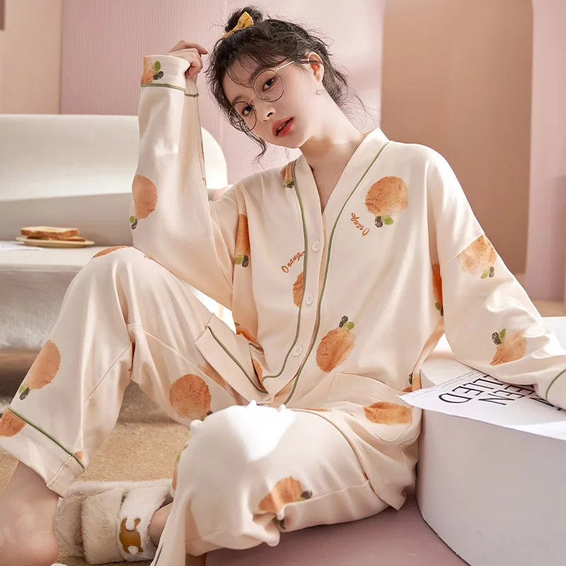 2024 Winter Autumn Cute Pajama Woman Sleepwear Long Sleeve Tops Pants 2 Piece Pyjamas Solid Lingeries Sets for Women Nightwear