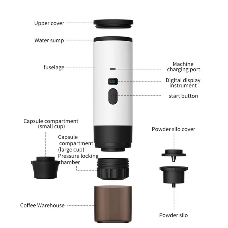 B64B-Wireless,Electric Portable Espresso Coffee Machine For Car,Home& Camping Use Compatible With Capsule& Powder