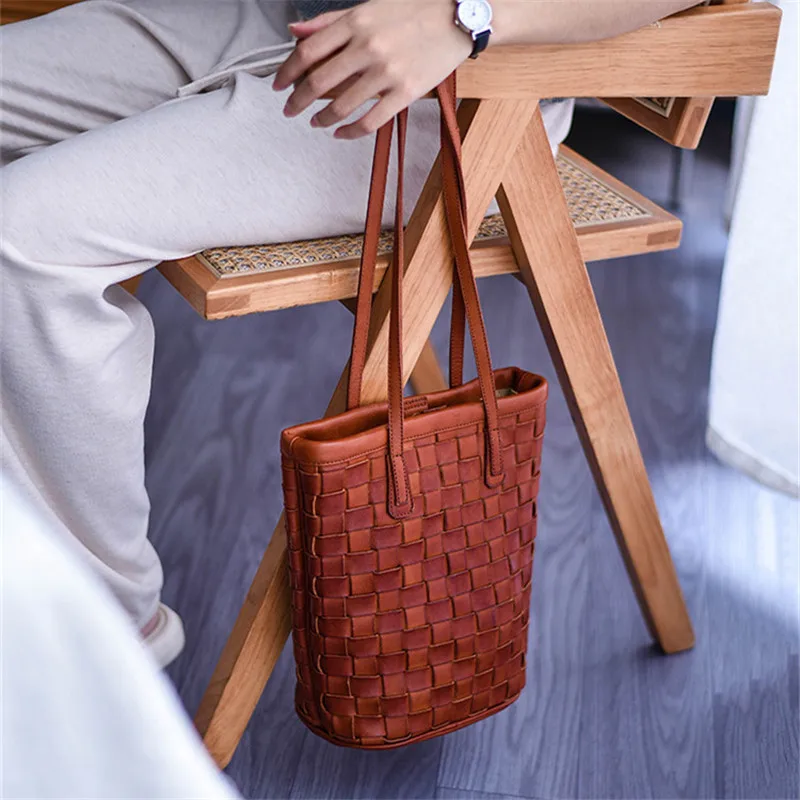Organizer retro designer handmade leather woven women's Tote