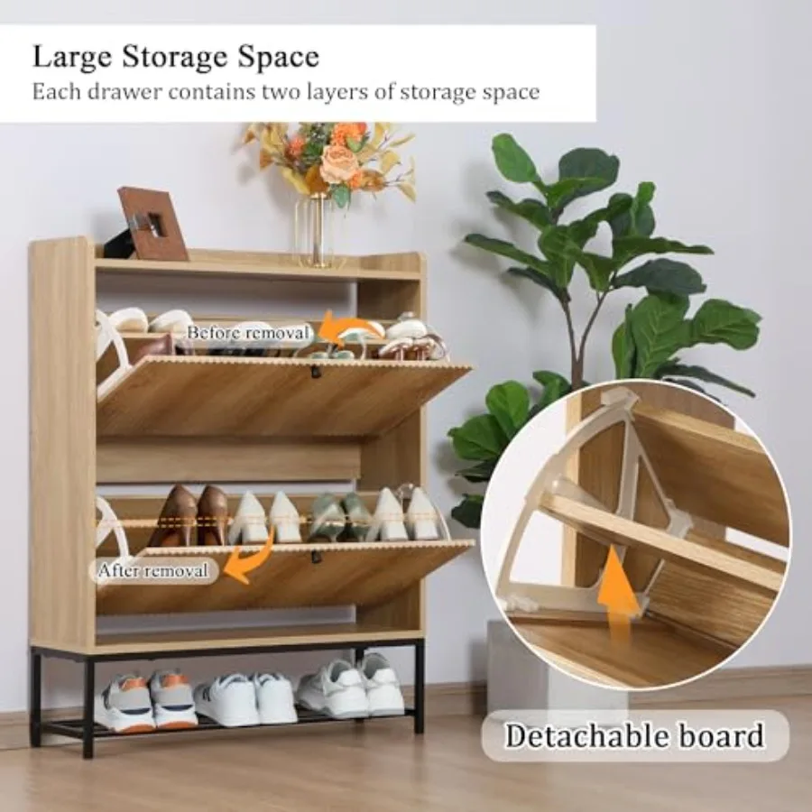 Fluted Shoe Cabinet with 2 Flip Drawers Modern Slim Shoe Storage Organizer Narrow Entryway Shoe Rack Wooden Shoe Cabinet with M