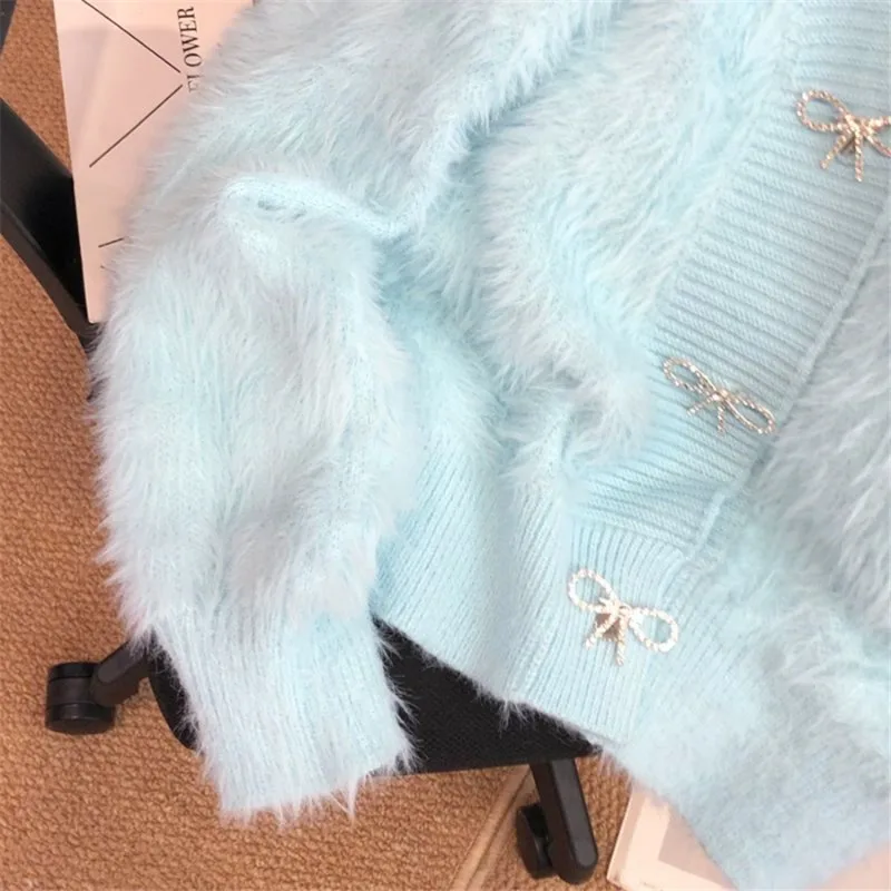 Women's Imitation Mink Sweater Outcoat, Female, Loose, Thicken, Warm, Short, Outwear, V-Neck, Casual, Knitwear, New, 2024