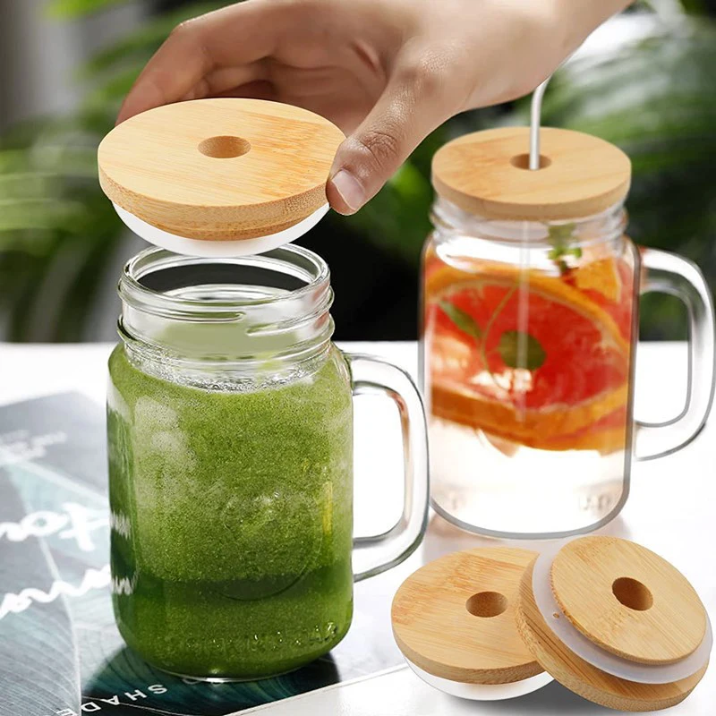 

Reusable Covers Caps With Straw Hole Bamboo Wood Lids For Smoothies Canning Storage Bottles Jar Lid Wide Mouth Cup