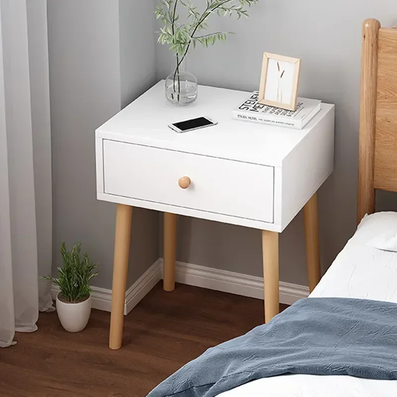 Modern Nightstand with Drawer, Bedside Table with Solid Wood Legs, Adorable Practical End Side Table Open Storage Shelf