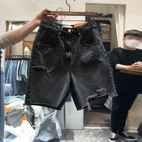 M-4XL 홀 여성 짧은 데님 팬츠, 하이웨이스트 와이드 레그 팬츠, 지퍼 플라이 캐주얼 여성 청바지 반바지, 2022 여름 신상 5