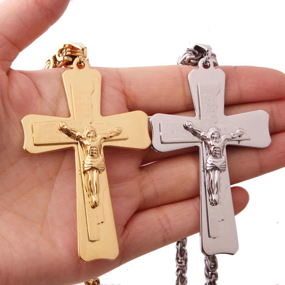

Silver/Gold Color Pendant Necklace Jesus Cross Stainless Steel Long Byzantine Chain Mens Prayer Jewelry Best Gifts 6mm
