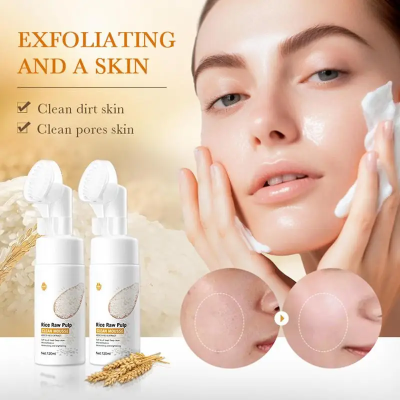 Rice Water Face Cleanser Rice Raw Pulp Foaming Facial Cleanser 120ml Soothing Facial Cleanser With Brush Head Clear Face Wash 2