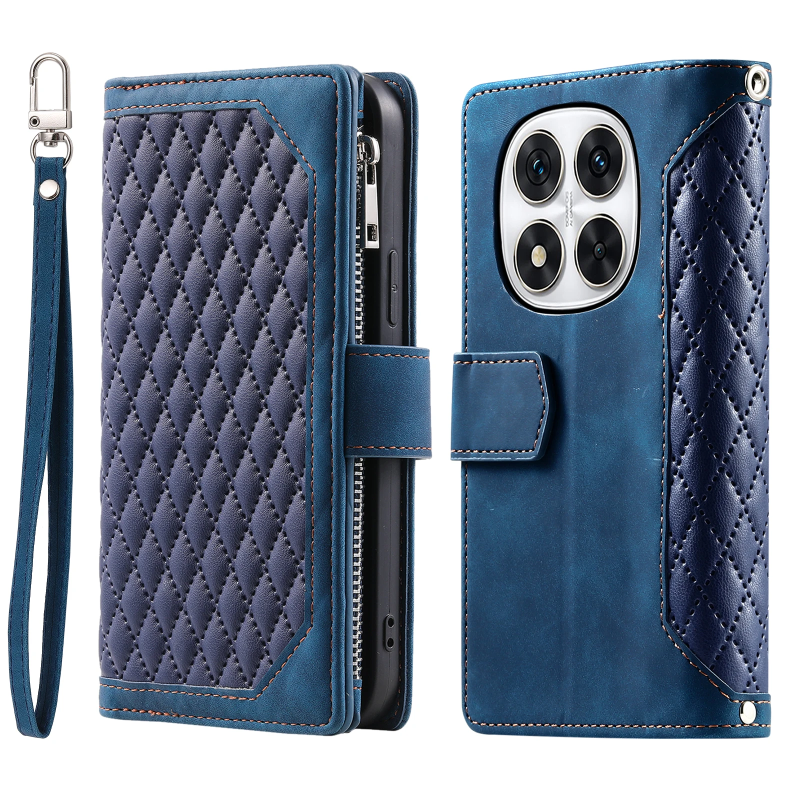 Crossbody Leather Wallet Case with Zipper Pocket and Long Lanyard - Grid Pattern Cover