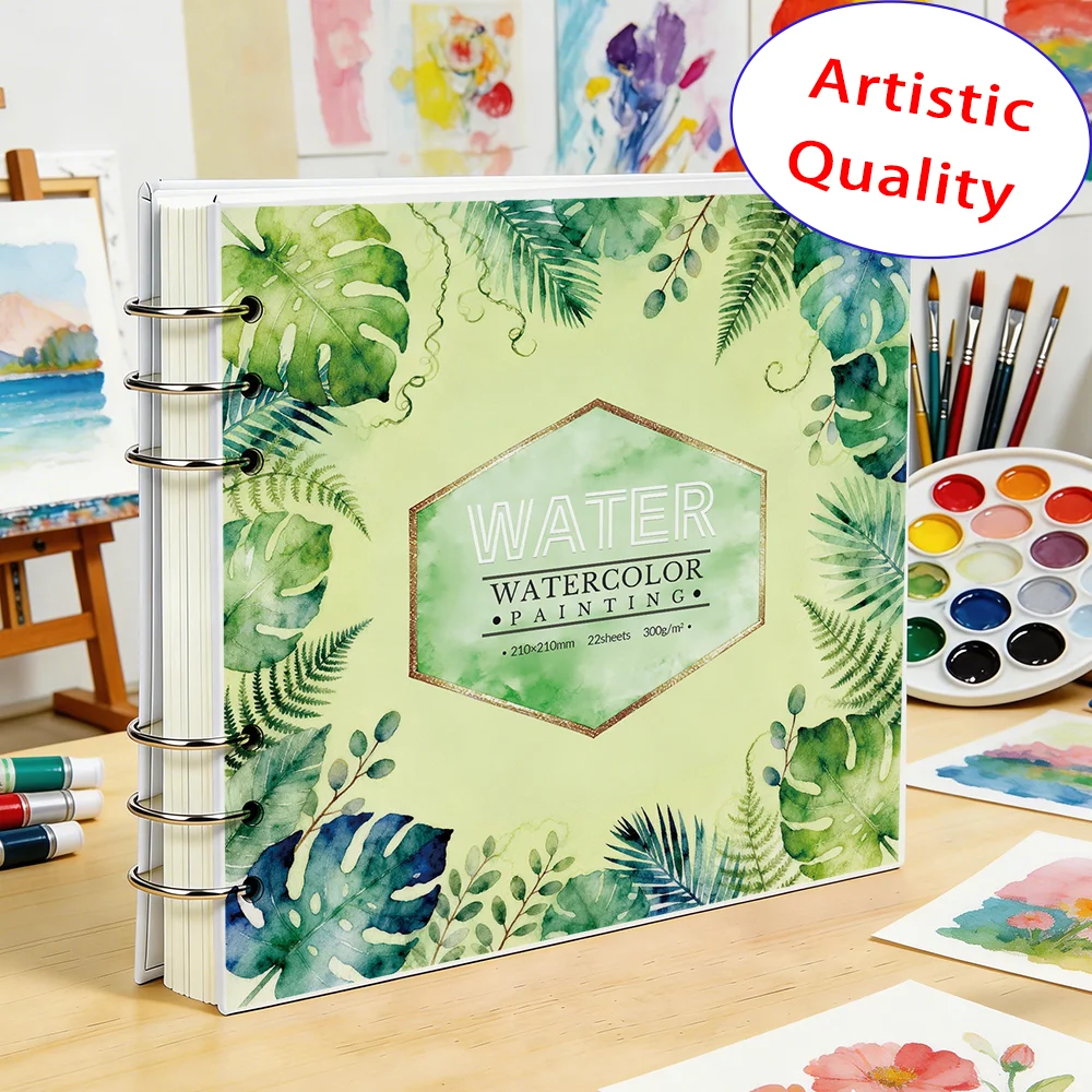 210x210mm 300GSM Aquarell-Skizzenbuch, 22 Blatt Papier mit rauer Textur, abnehmbarer Metallringbinder, Kunstblock mit floralem Einband für Pa – Detail 8