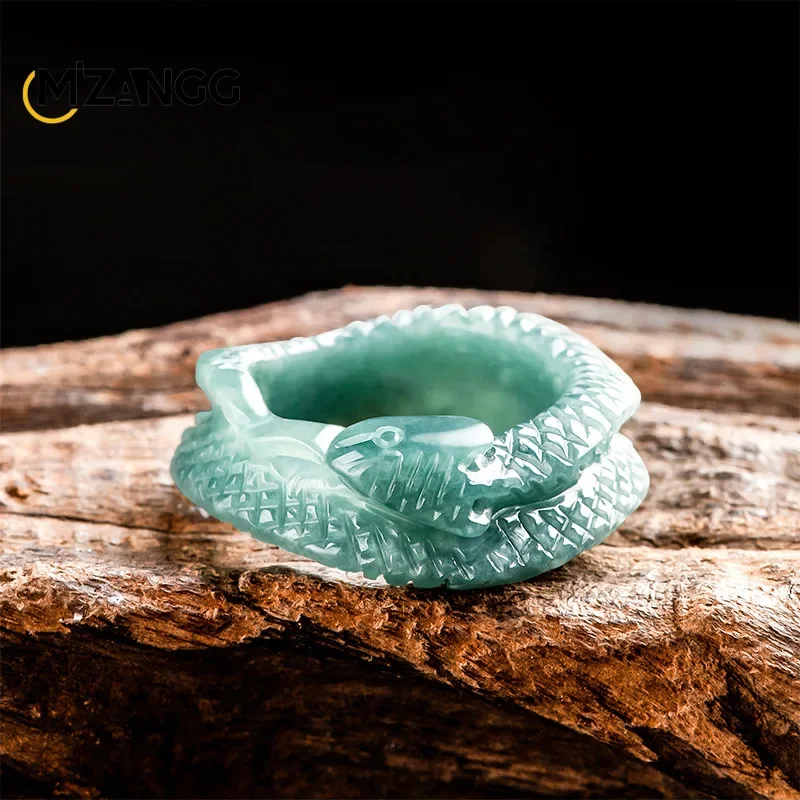 High-grade Myanmar Jadeite Blue Water Spirit Snake Ring Three