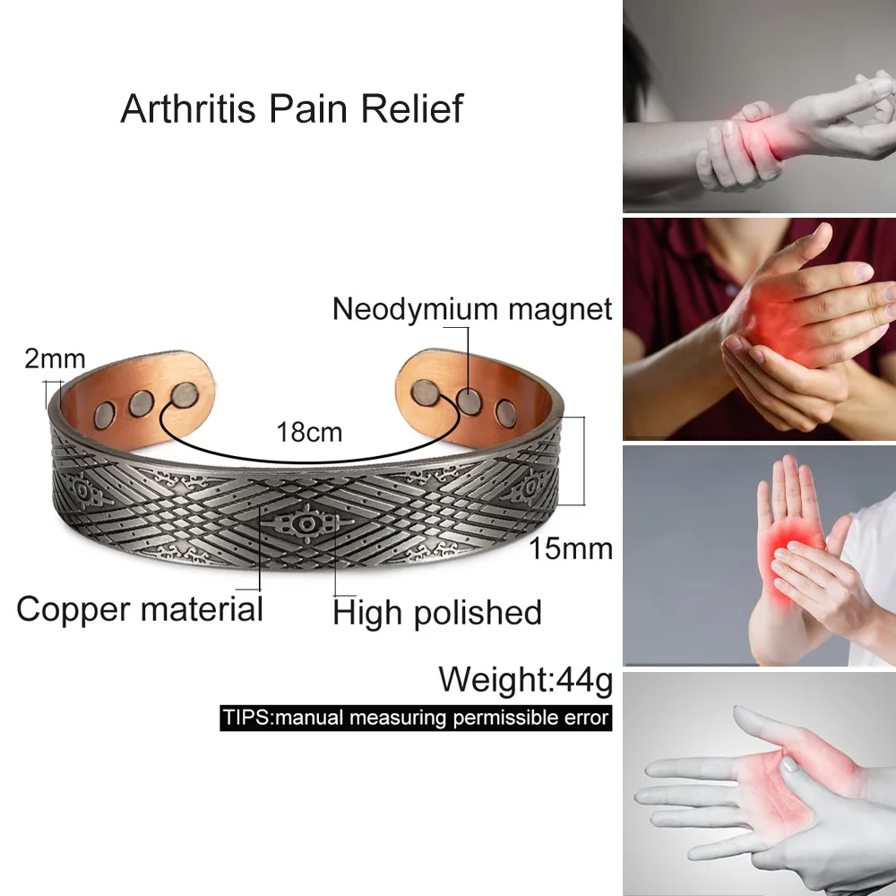 Solid Copper Bracelet Men Magnetic Therapy 15mm Adjustable Cuff