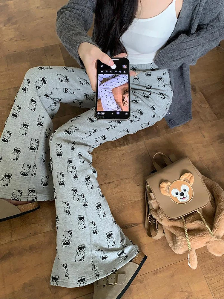 HOUZHOU Japanese Y2k Sweatpants Women Cartoon Print Harajuku Vintage High Waist Flared Pants Casual Kawaii Trousers Streetwear