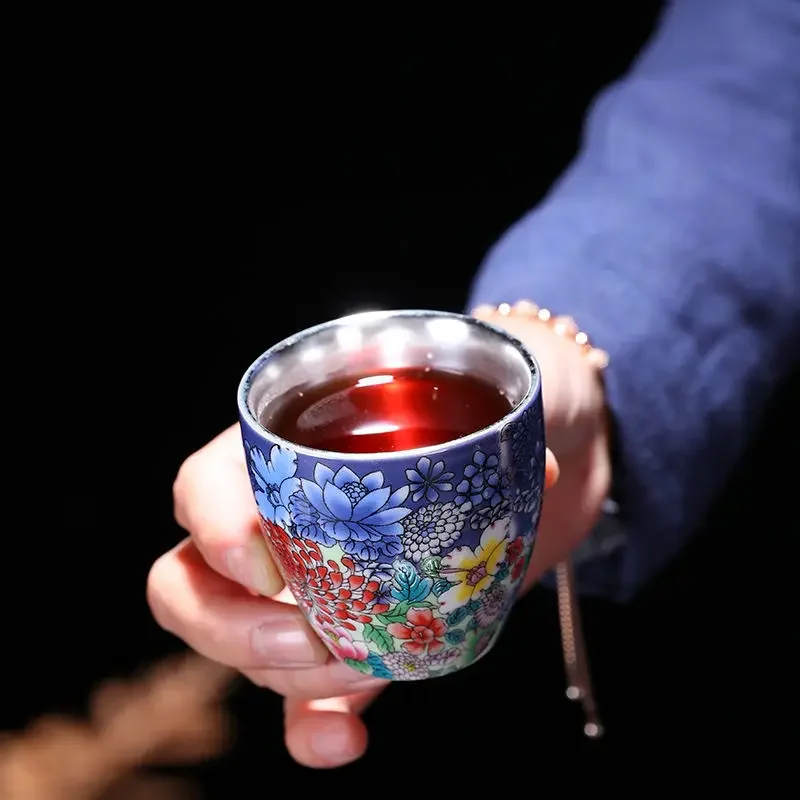 999 Pure Silver Handmade Gilt Porcelain Teacups Color Enamel Master Drinkware Ceramic Retro Teaware 90ml
