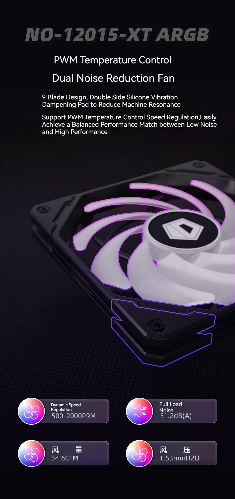 ID-COOLING NO-12015-XT ARGB Ultra Thin CPU Heatsink Fan PWM Temperature Control