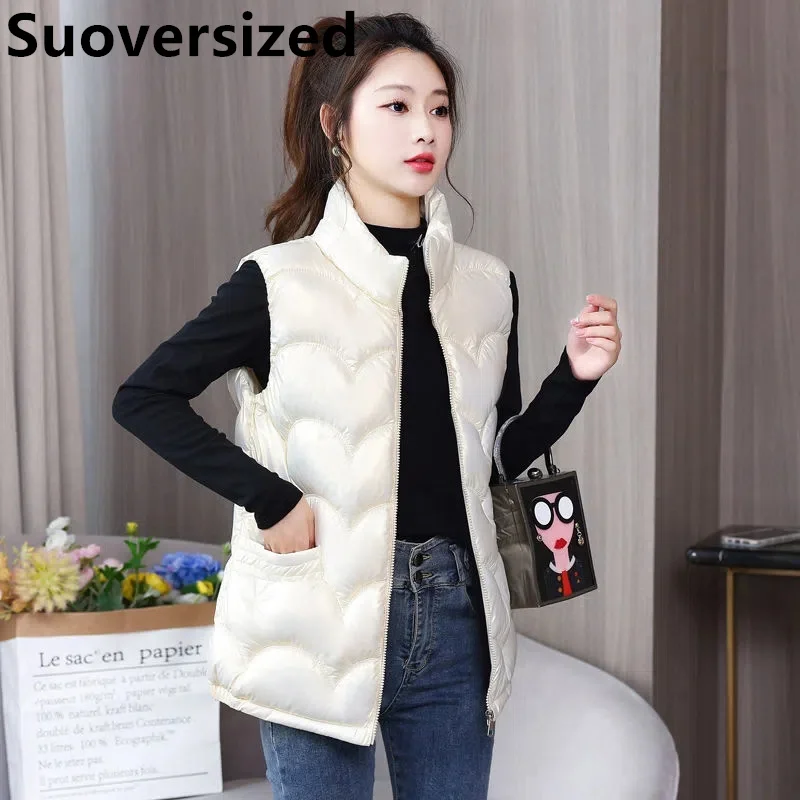 

Glossy Fall Winter Down Cotton Sleeveless Jackets For Women Warm Thick Loose Windproof Waistcoat Korean Casual Puffy Solid Vests