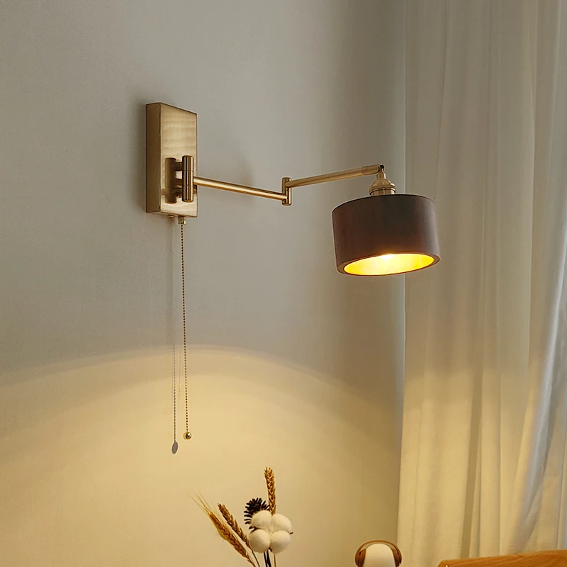 회전 벽 램프 돌출 체인 스위치 조명, 침실 인테리어 벽 램프 플러그 포함, 계단 조명, 나무 전등갓, 방 장식