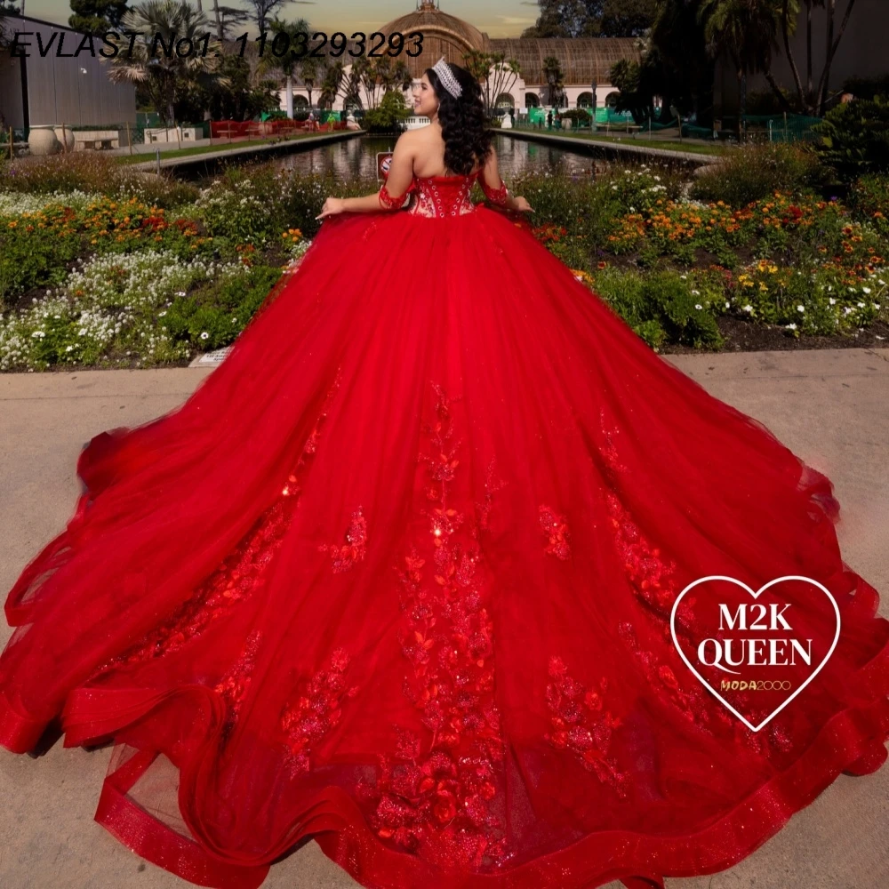 EVLAST Mexican Red Quinceanera Dress Ball Gown Floral Lace Applique Beading Corset Sweet 16 Vestido De 15 Anos E1Q315