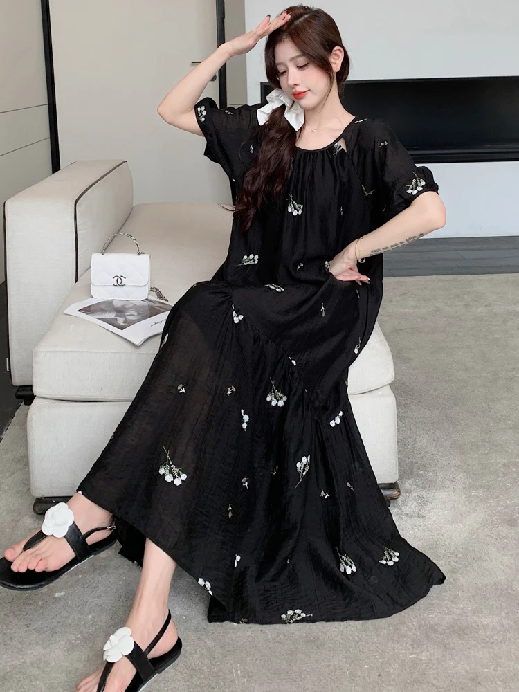 NYFS 2024 Summer New Korea Woman Dress Vestidos Robe Elbise Loose Plus Size  Short Sleeve Embroidered Floral Long Dresses - AliExpress 200000345