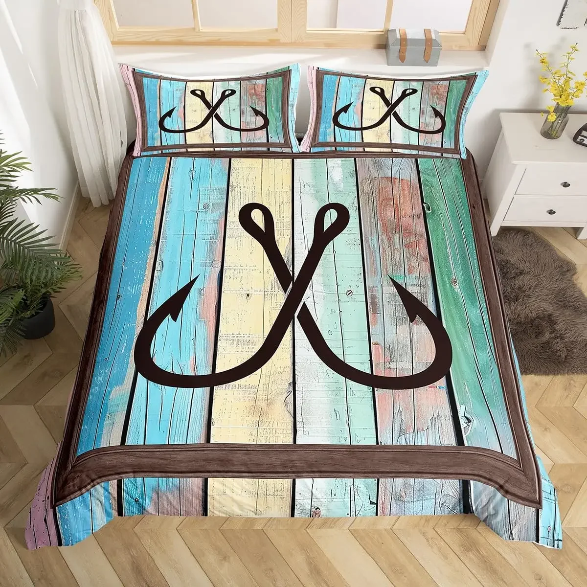 Fishhook Duvet Cover Set Twin Size Fishing Bedding Set Fish Hook Pattern Comforter Set,Modern Quilt Cover for Teen Adult