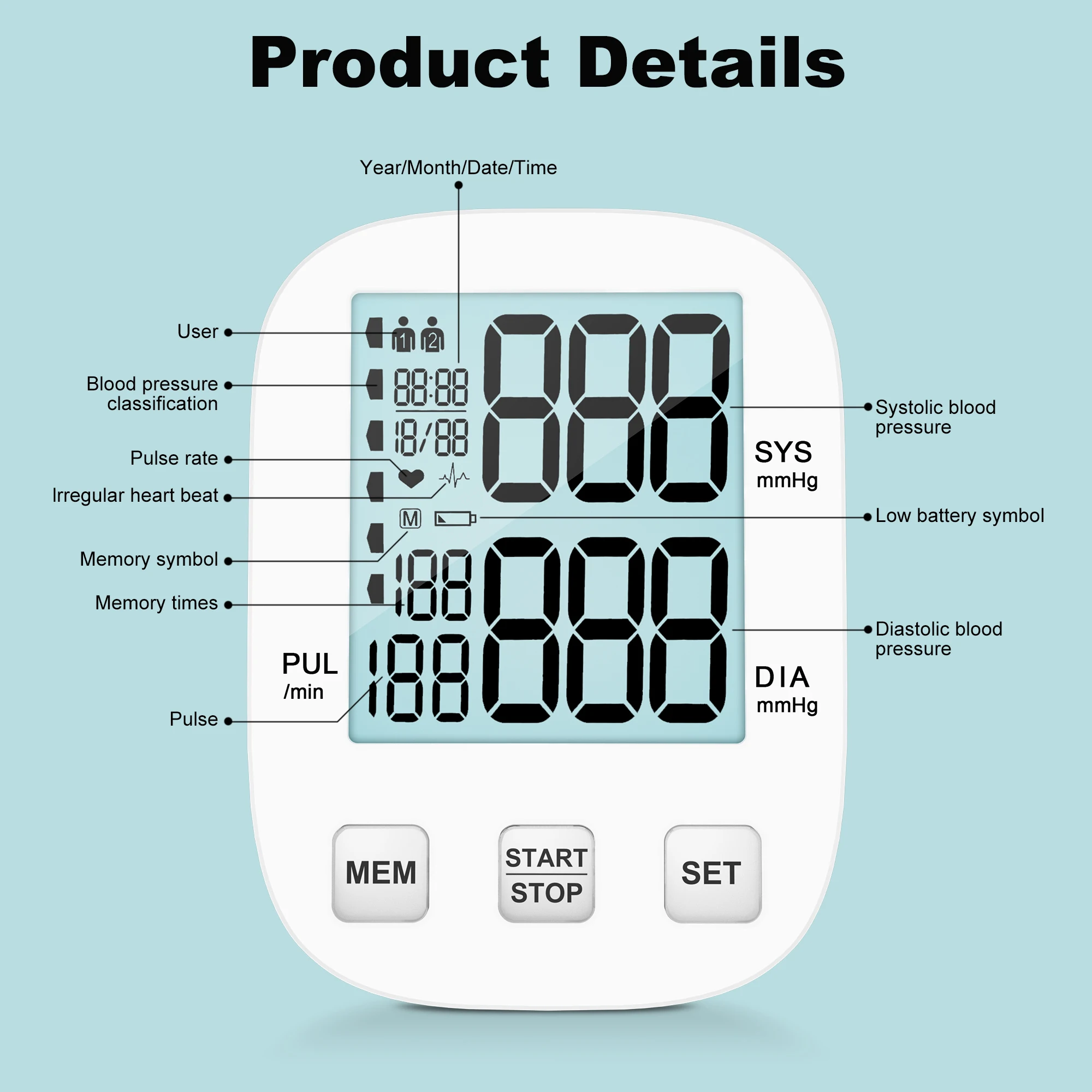 HealthTree Rechargeable Blood Pressure Monitor Sphygmomanometer Electronic BP Cuff LCD Screen Upper Arm Heart Beat blood pressure monitor blood pressure meter