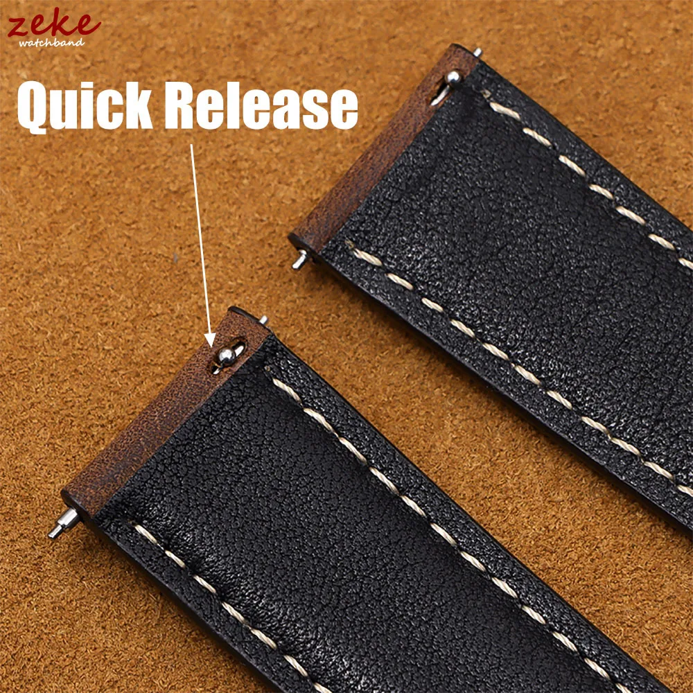 Vintage Cowhide Leather Watch Strap with Butterfly Buckle and Quick Release