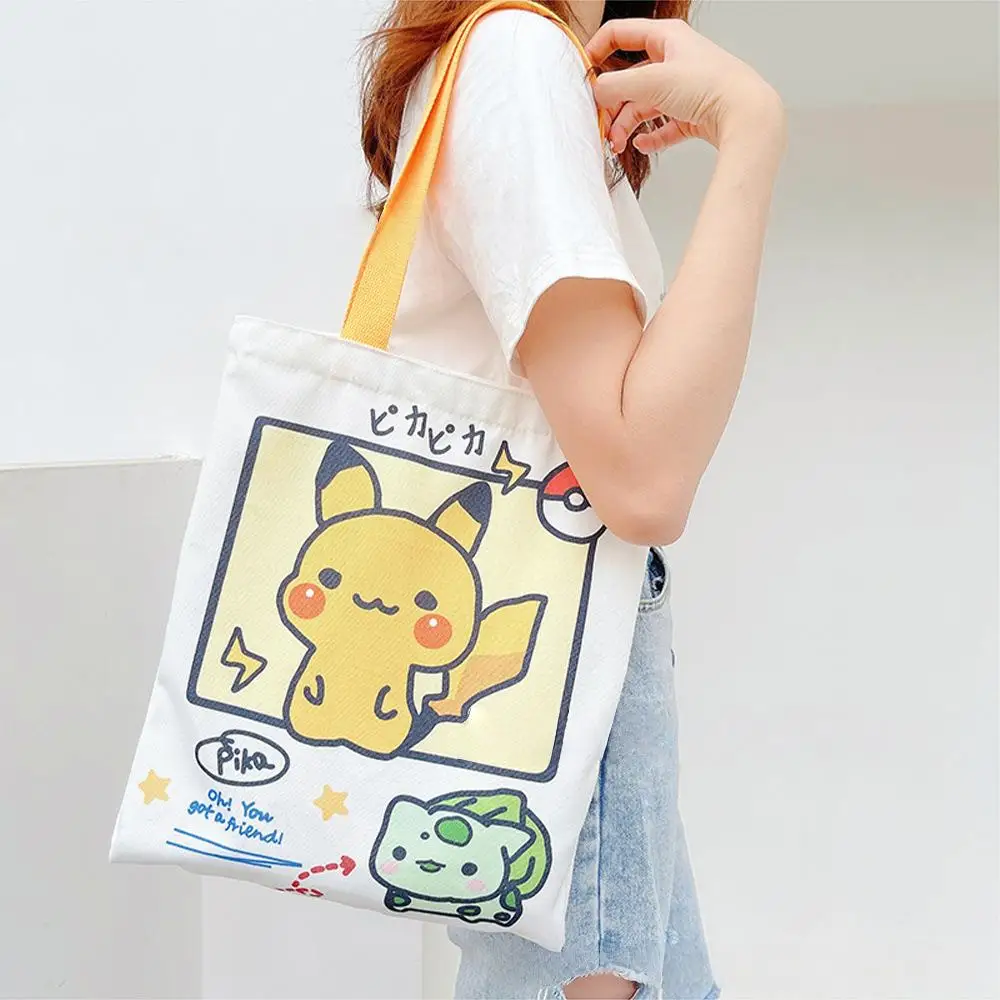 Shoulder Bags Anime Pokemon Pikachu Canvas Psyduck Squirtle Ladies Casual Handbag Reusable Large Capacity Women Shopping Bag TOY