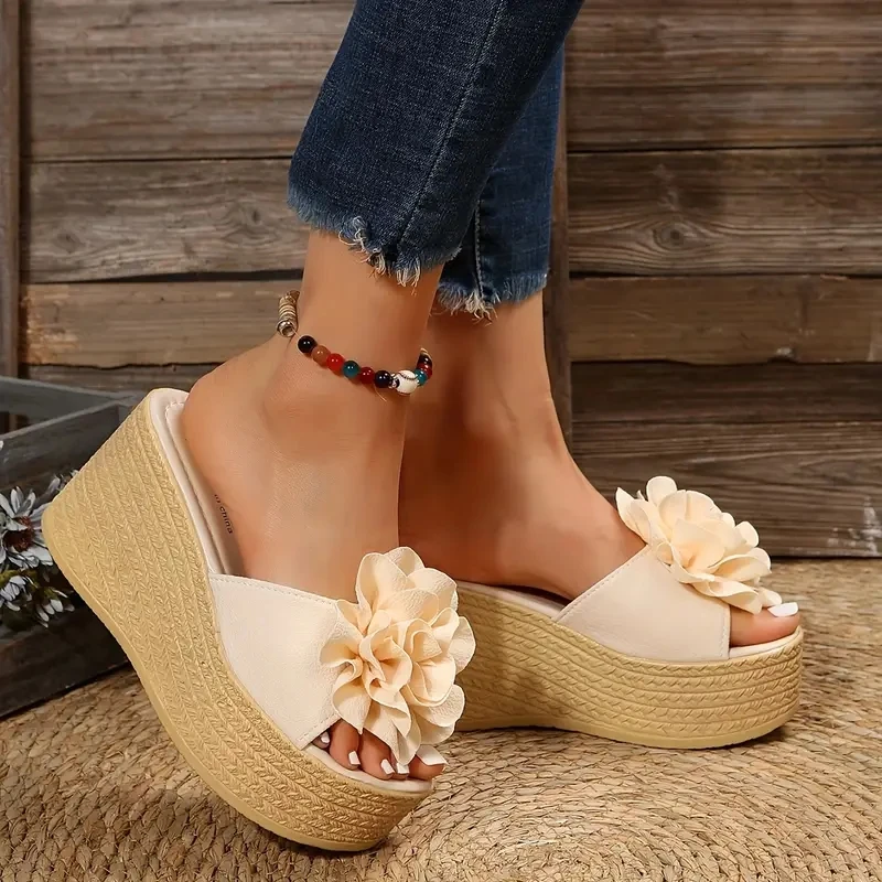 Aphixta Green Baby Pink New 3.54 Inch Hight Wedge Heels Appliques Flowers Platform Slides Women — view 6