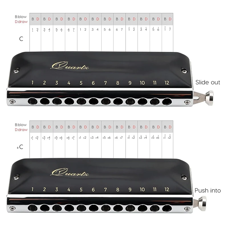 JDR Quartz Chromatic Harmonica C Key 12-Hole 48 Tones Chromonica Easy Bending Armonica Half No Sticky Valves Mouth Organ Harp chromatic harmonica