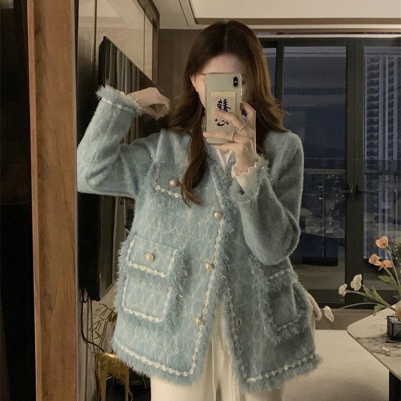 Small Fragrant Wind V-neck Tassel Jacket Knitted Sweater Cardigan Versatile Slim Top 2024 Spring Autumn New Plus Size Women Coat