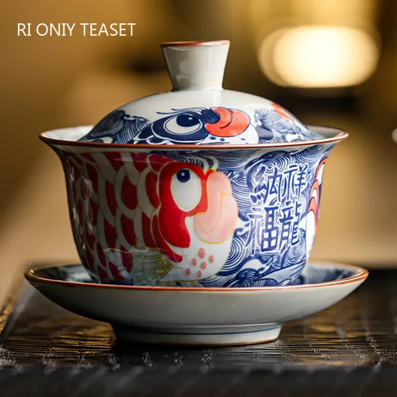 130ml Chinese Blue and White Ceramic Tea Tureen Handmade Fish Gaiwan Beauty Tea Infuser Teacup Household Bowl Teaware