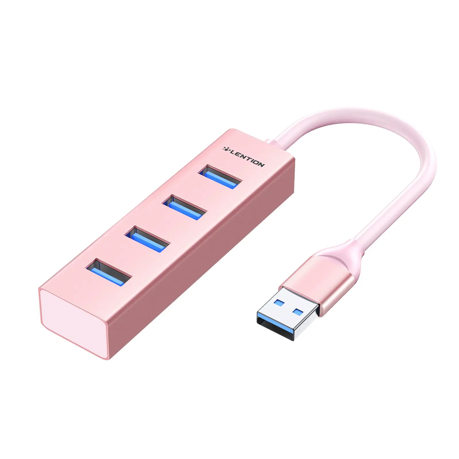 Lention Pink 4 Port USB 3.0 Hub Splitter High Speed Multiport Slim USB A Hub Adapter with USB 3.0 Cable Portable USB Extender