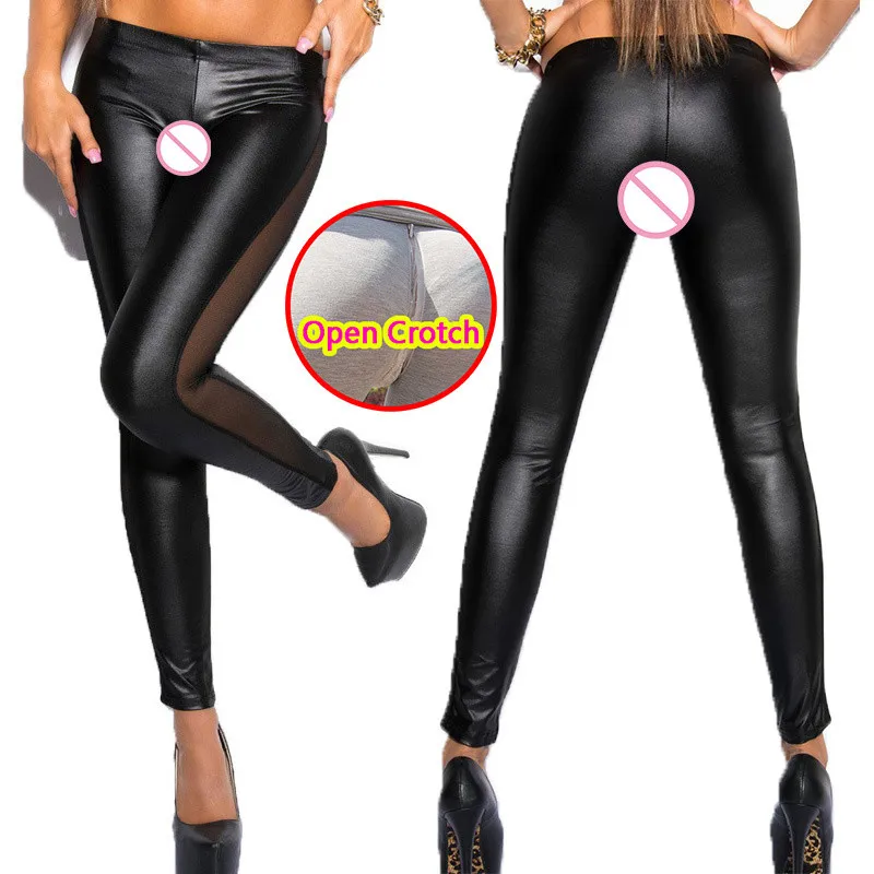 

Женские кожаные пикантные леггинсы с открытой промежностью, латексные сетчатые колготки из искусственной кожи, Клубная одежда, горячие брюки на молнии, Уличная Сексуальная Ткань без промежности для пар