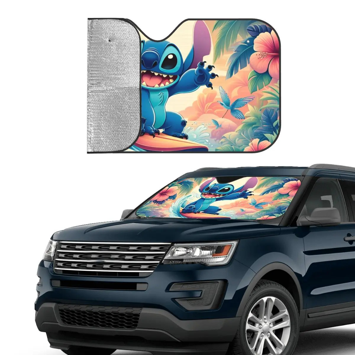 Lilo Stitch Kawaii Cartoon Novelty Windshield Sunshade 70x130cm Aluminium Foil Car Sunshade UV Protector