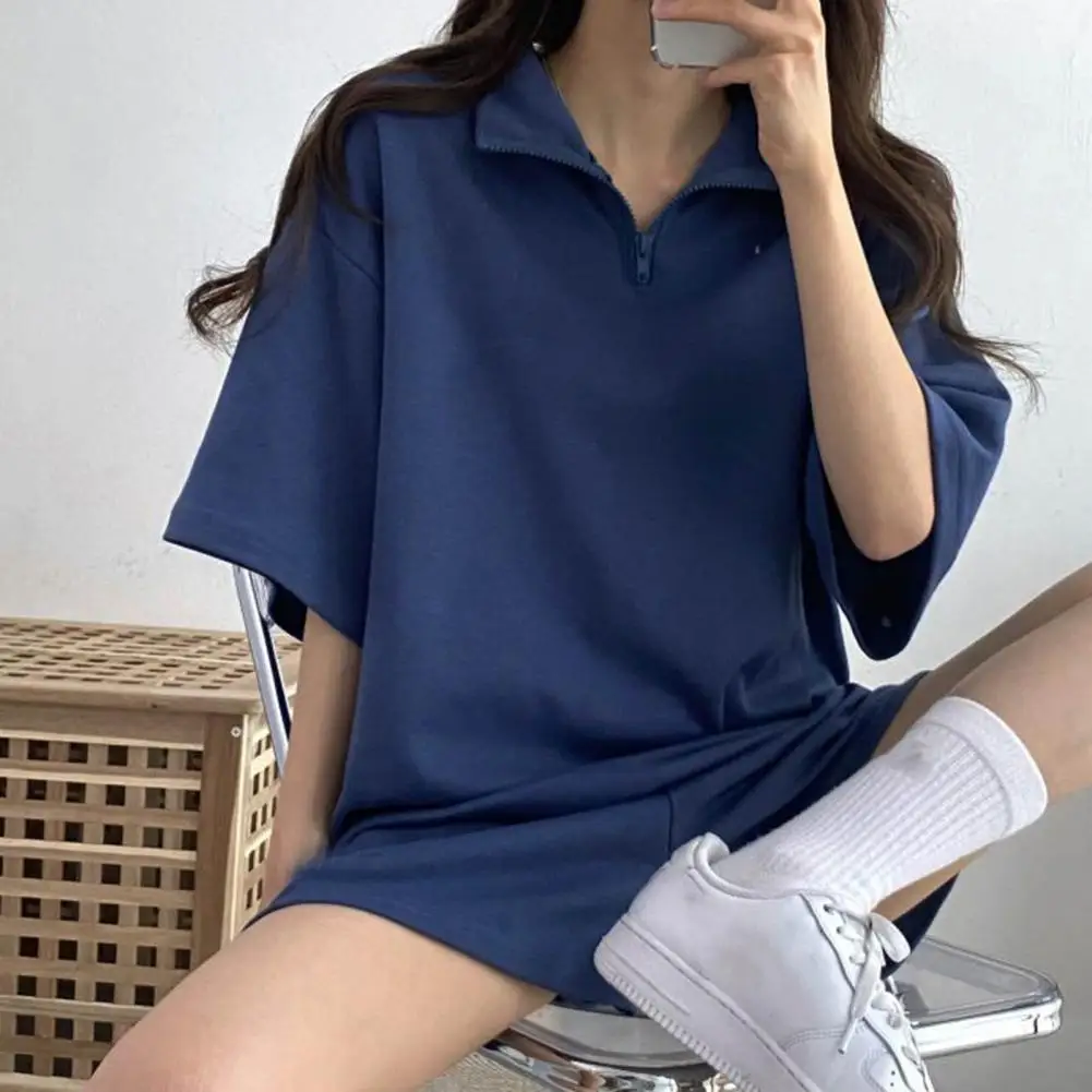 Women Tracksuit Set Summer Tracksuit Loose Solid Color Sweatshirt Shorts Set Pockets Elastic Waist Zipper Collar Tracksuit