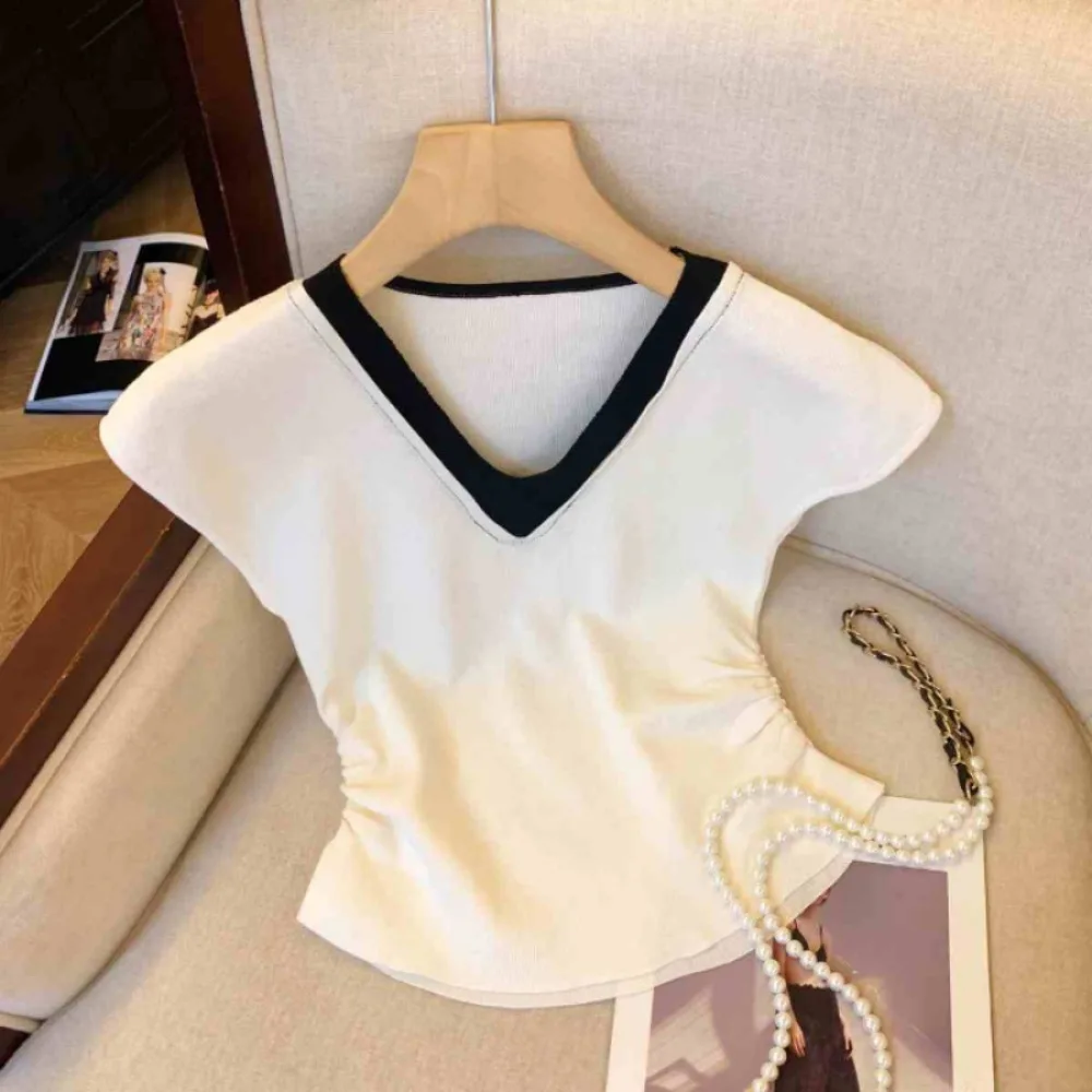 Simple Patchwork Fake Two Pieces T-shirts V-neck Korean Style Slim Crop Top Short Sleeve Sweet Girl's Top Summer