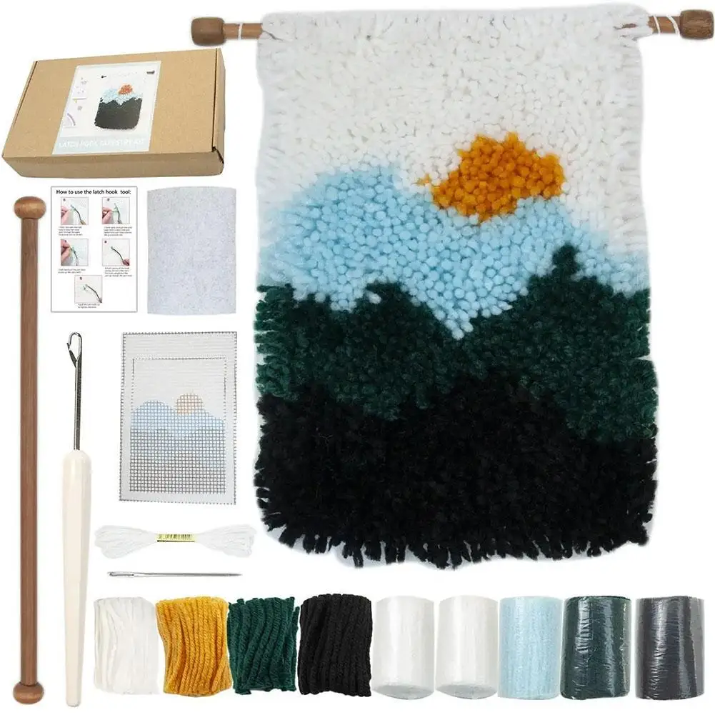 

Latch Hook Diy Decorative Set Forest Mountain Sun Lake Pattern Printed Canvas DIY Rug Crochet Yarn Kits