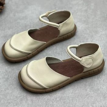 Soft Leather Women's Flat Shoes Retro Handmade Comfortable  2025 Summer Genuine Leather Fashion Black Casual Sandals Ladies 1