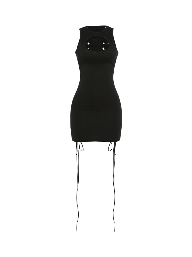 Kliou Sexy Hollow Mini-Kleid für Damen, O-Ausschnitt, ärmellos, Metallringe, Kreuzbandage, Dekoration, Midnight Club Party, Mode, figurbetont – Detail 2