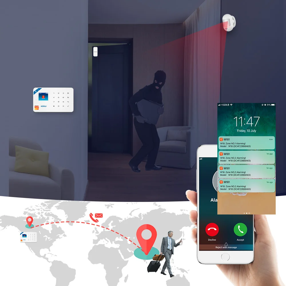 KERUI Tuya Smart W181 System bezpieczeństwa w domu włamywacz WIFI GSM jednostka centralna Panel alarmowy inteligentne życie kontrola aplikacji ruch