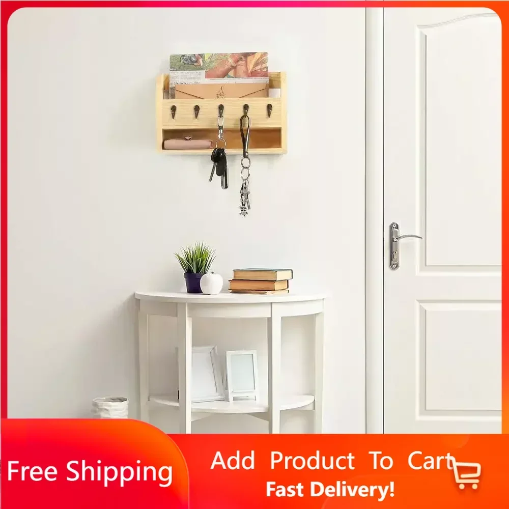 

Wall-mounted Mail Sorter and Holder Organizer with Storage Shelf and Key Hooks - Wood Rapid Transit Free Shipping