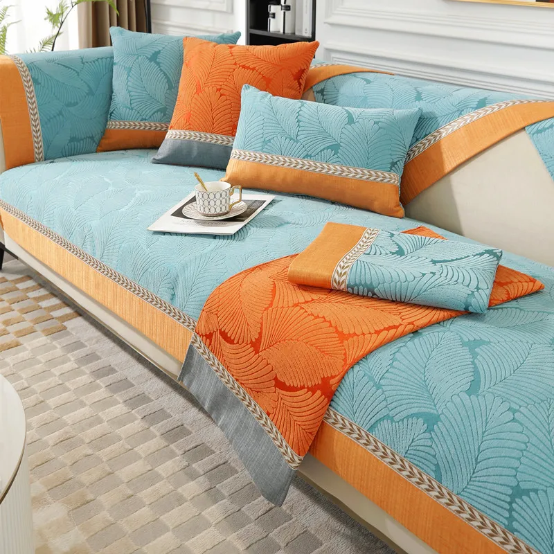 

Роскошный чехол для 2-х и 3-х местного дивана из шенилла с жаккардовыми листьями, кожаный чехол для дивана, нескользящий пэчворк, защита для мебели