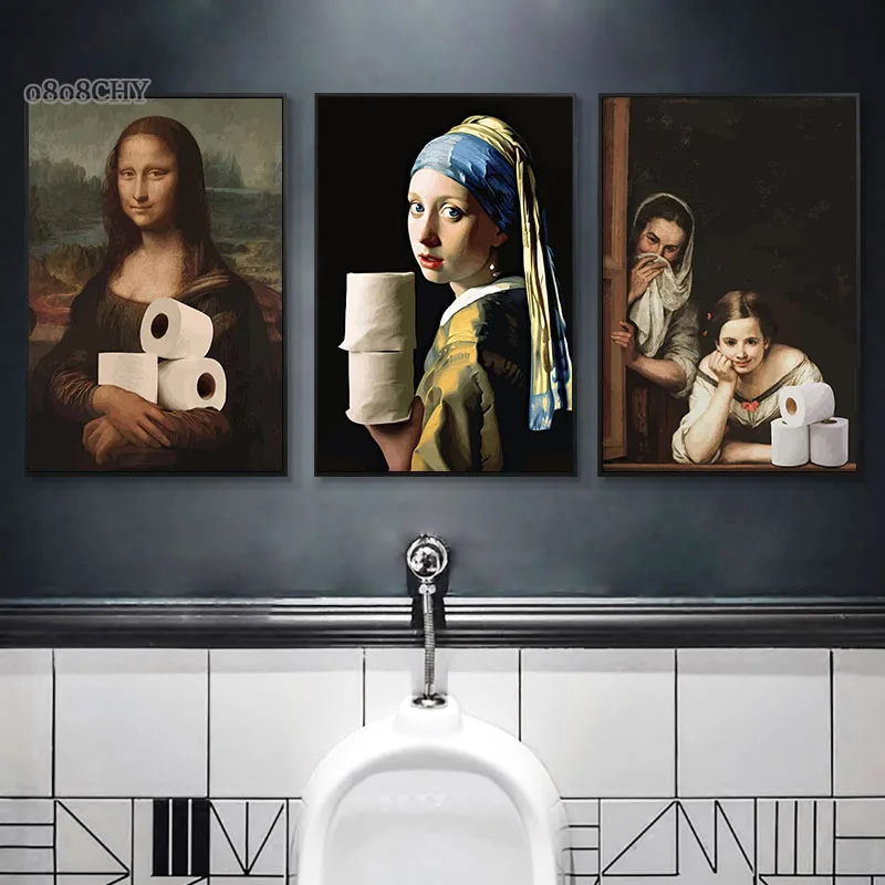 Funny-Bathroom-Toilet-Poster-Mona-Lisa-and-Wearing-Pearls-Girl-with ...
